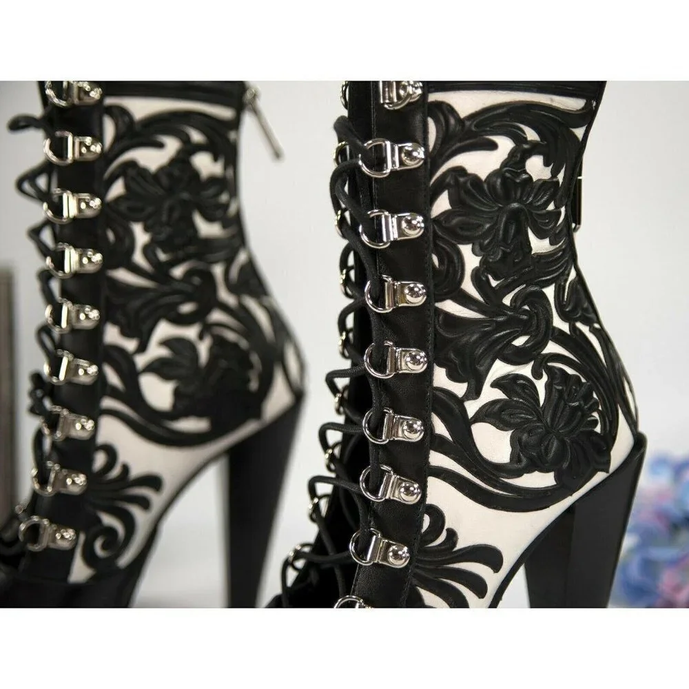 Balmain Floral Tooled Leather Lace Up Boots 37 - Picture 2 of 11